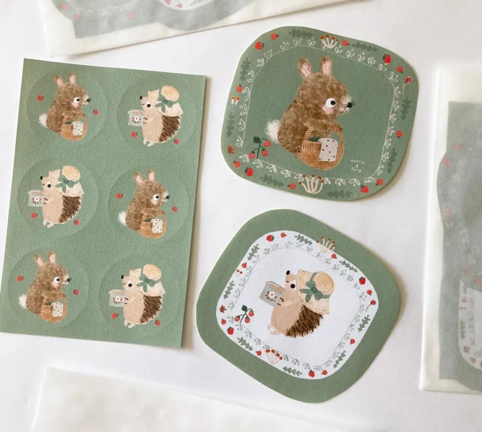 Cottontails Baby Stickers & Stationery|Bunny Cards & Stationery*Handmade Paper Stickers - Hedgehog & Bunny
