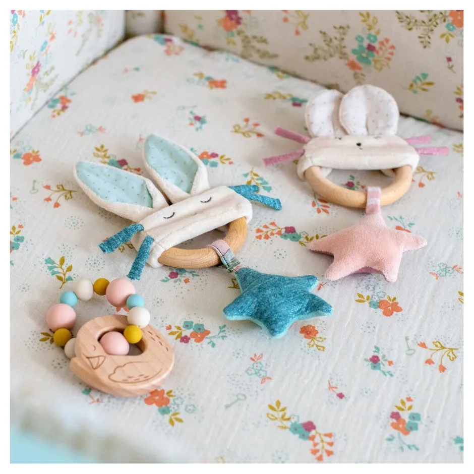 Cottontails Baby Comforters & Rattles*Moulin Roty wooden ring rattle - pink & cream mouse