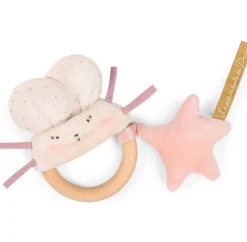 Cottontails Baby Comforters & Rattles*Moulin Roty wooden ring rattle - pink & cream mouse