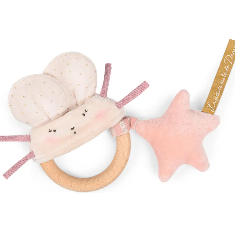 Cottontails Baby Comforters & Rattles*Moulin Roty wooden ring rattle - pink & cream mouse