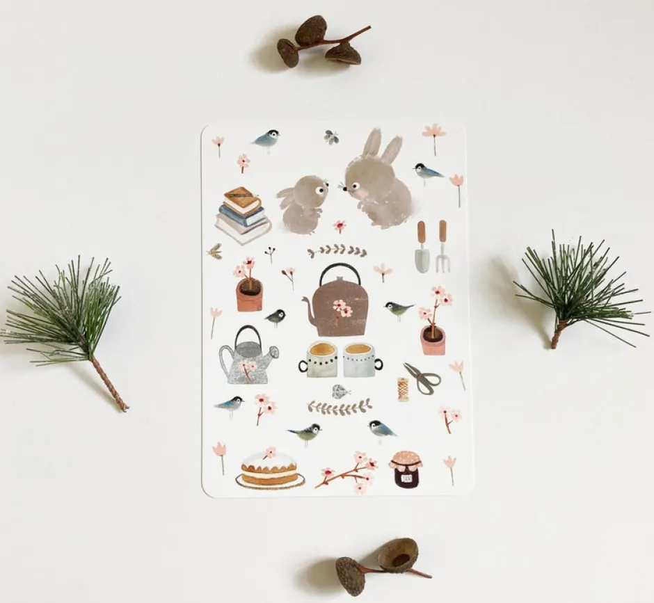 Cottontails Baby Cards|Bunny Cards & Stationery*Postcard & Envelope - Bunny Teatime
