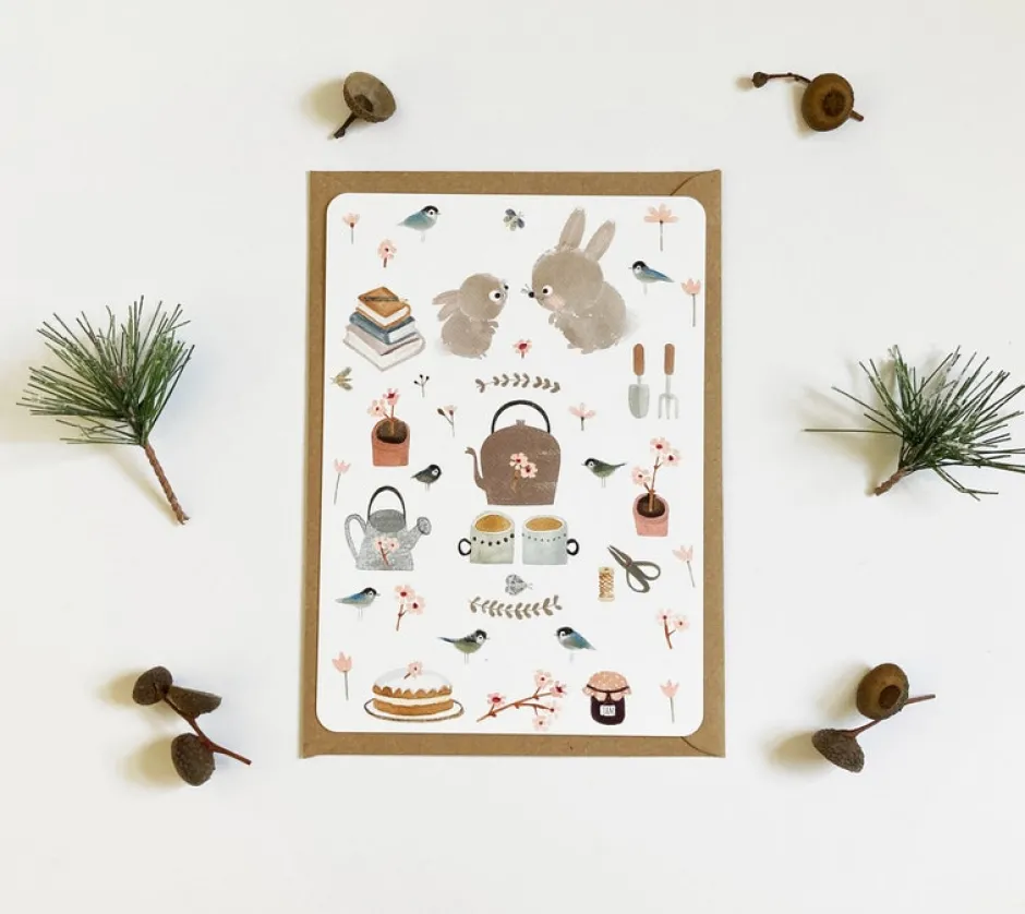 Cottontails Baby Cards|Bunny Cards & Stationery*Postcard & Envelope - Bunny Teatime