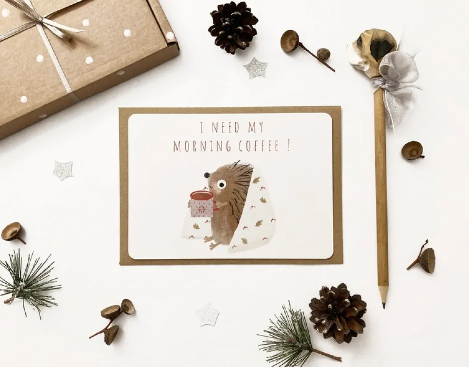 Cottontails Baby Cards*Postcard & Envelope - Hedgehog & Morning Coffee