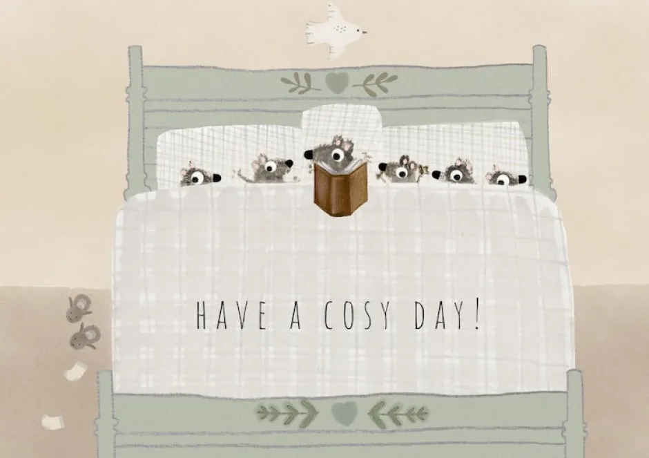 Cottontails Baby Cards*Postcard & Envelope - Mouse Family in Bed / Cosy Day